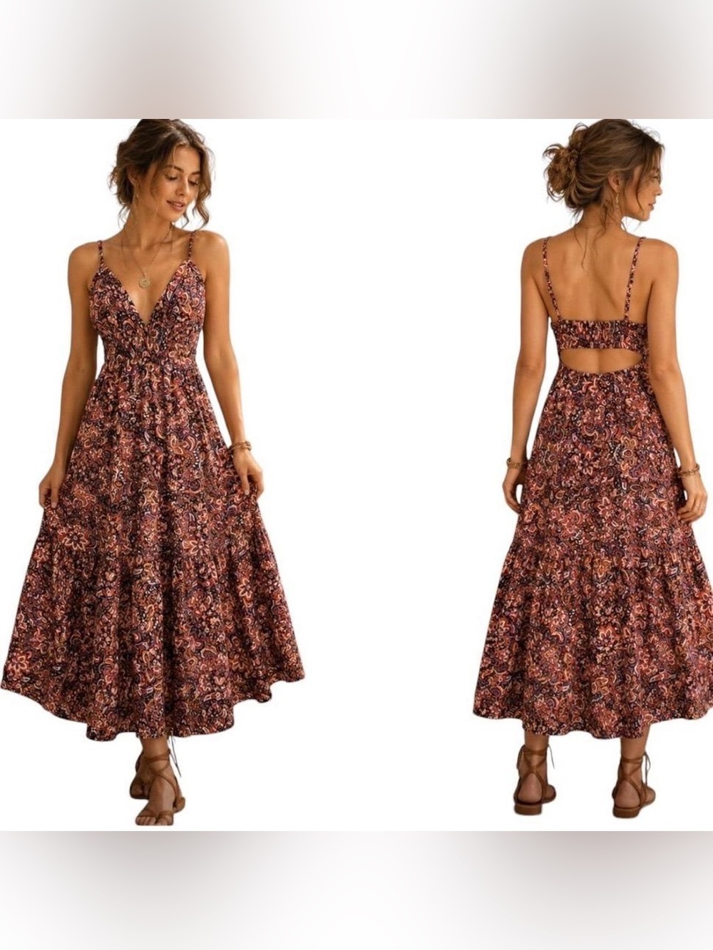 Jason Wu Rust Paisley Maxi Dress with Smocked Bodice
